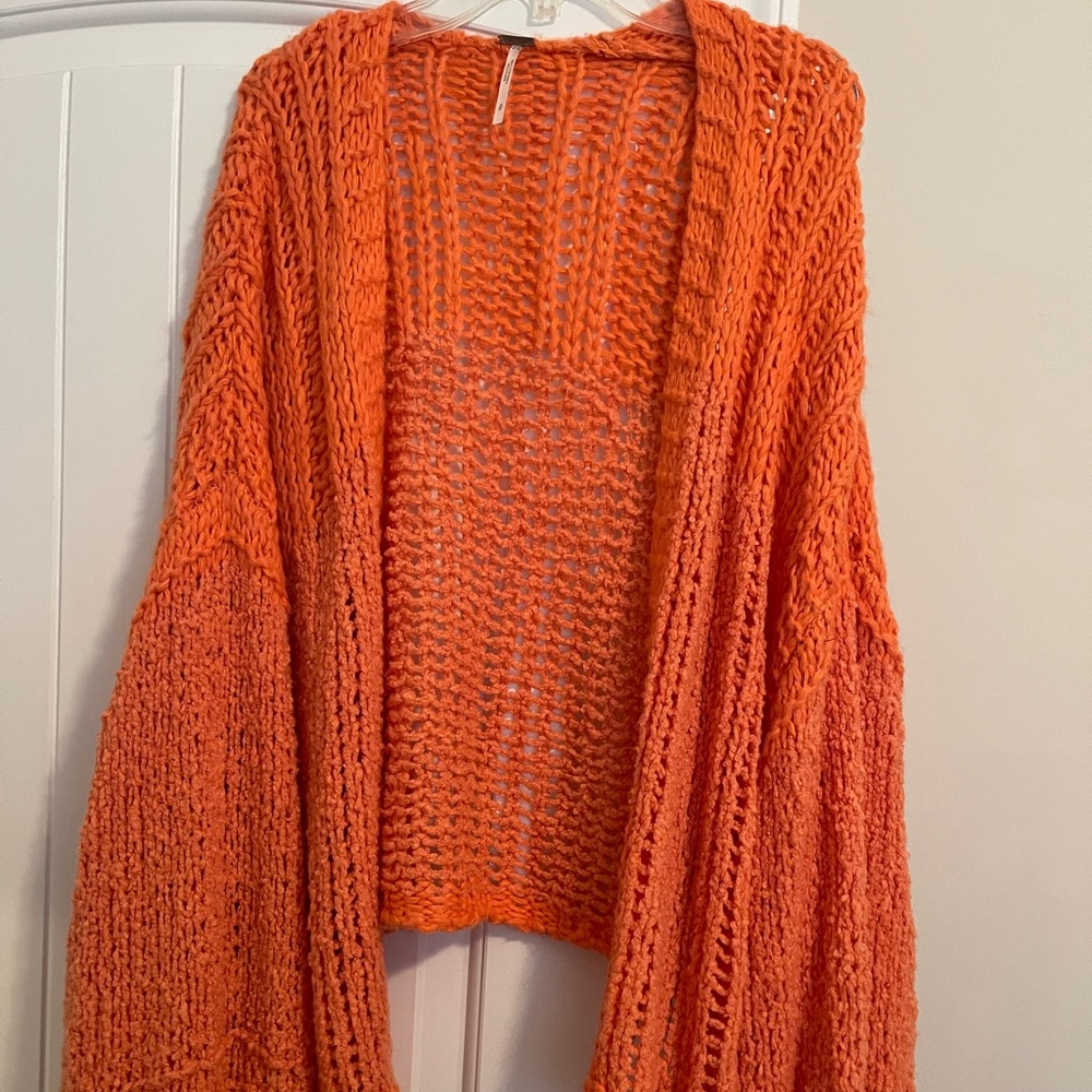 FREE PEOPLE orange knit cardigan with balloon sleeves